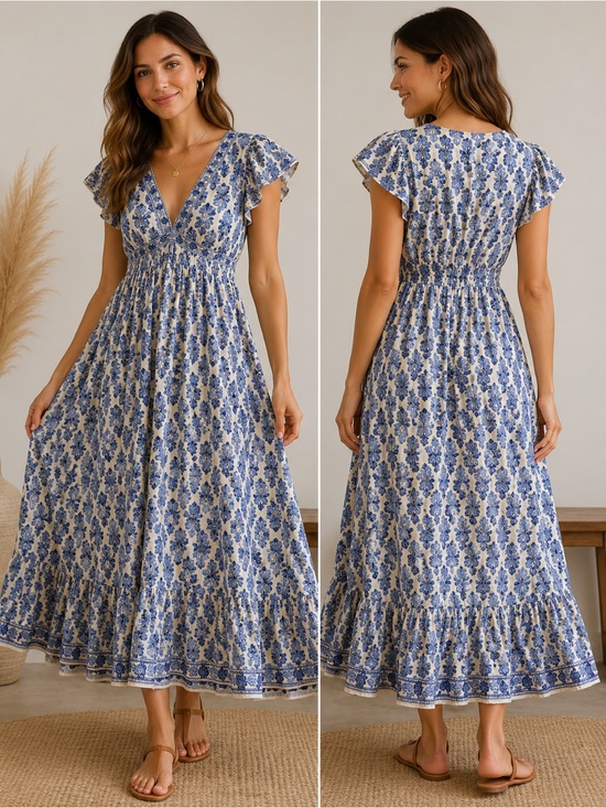 Max Studio Dresses & Skirts - Max Studio London Blue White Floral Boho Maxi Dress V Neck Flutter Sleeve M